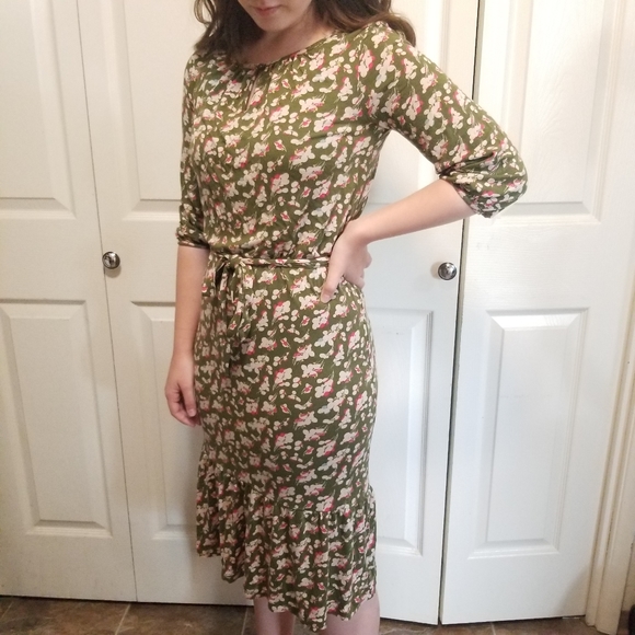 Boden Dresses & Skirts - Boden Portobello Floral Midi Dress Sz 4L Pink/Green Ruffle Hem 3/4 Sleeves Belt